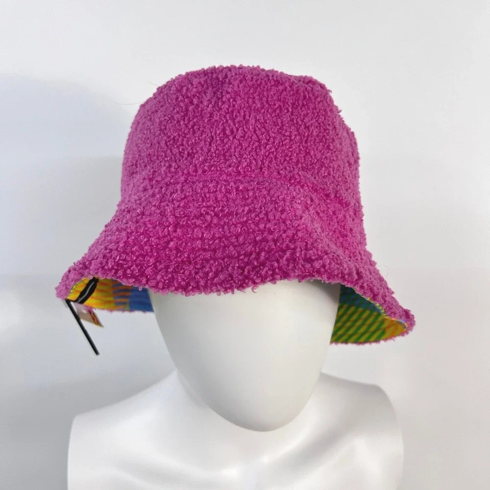 Y2K Pink Fuzzy Sherpa Bucket Hat Colorful 90s Maximalist Streetwear Crayola